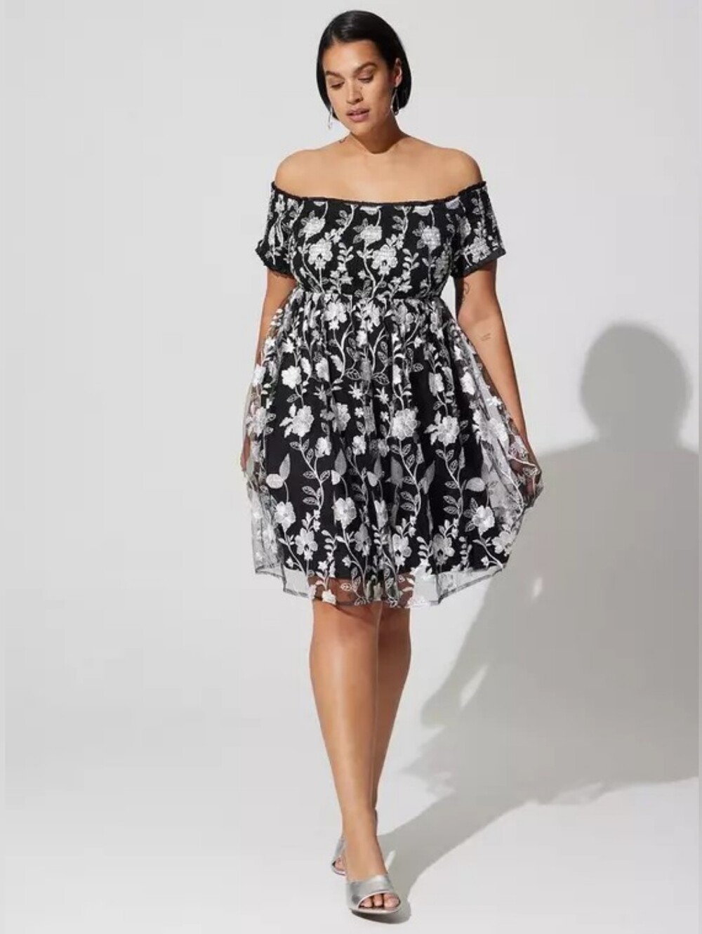 Off-Shoulder Black & White Floral Lace Dress Torrid